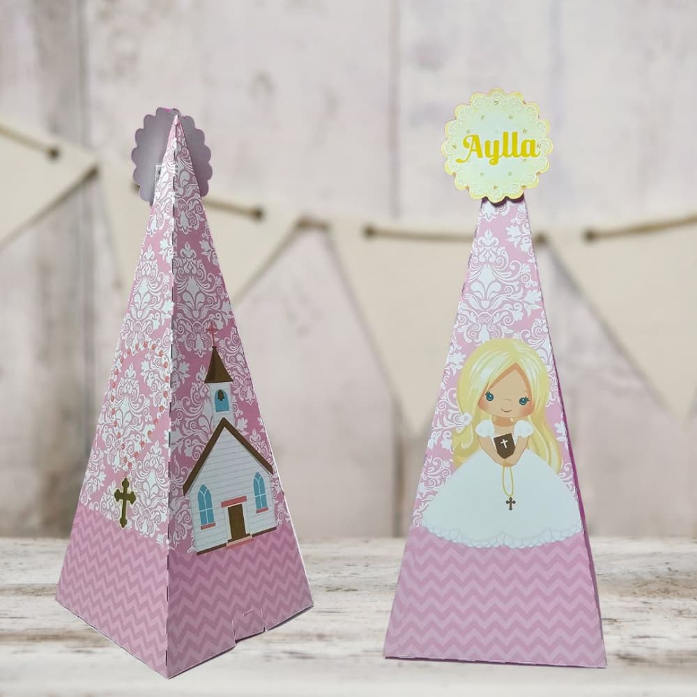 Kit com 10 Caixas Pirâmide Personalizadas - Primeira Comunhão Menina